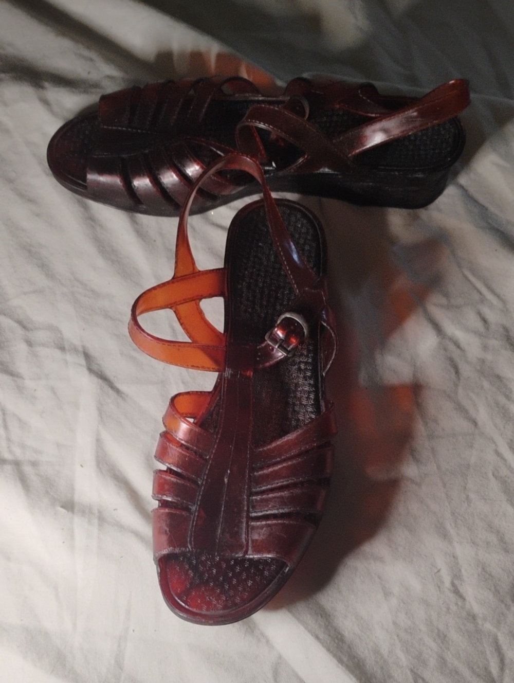 80s Vintage Su Zau Foldes Shiny Brown Strappy Sandals